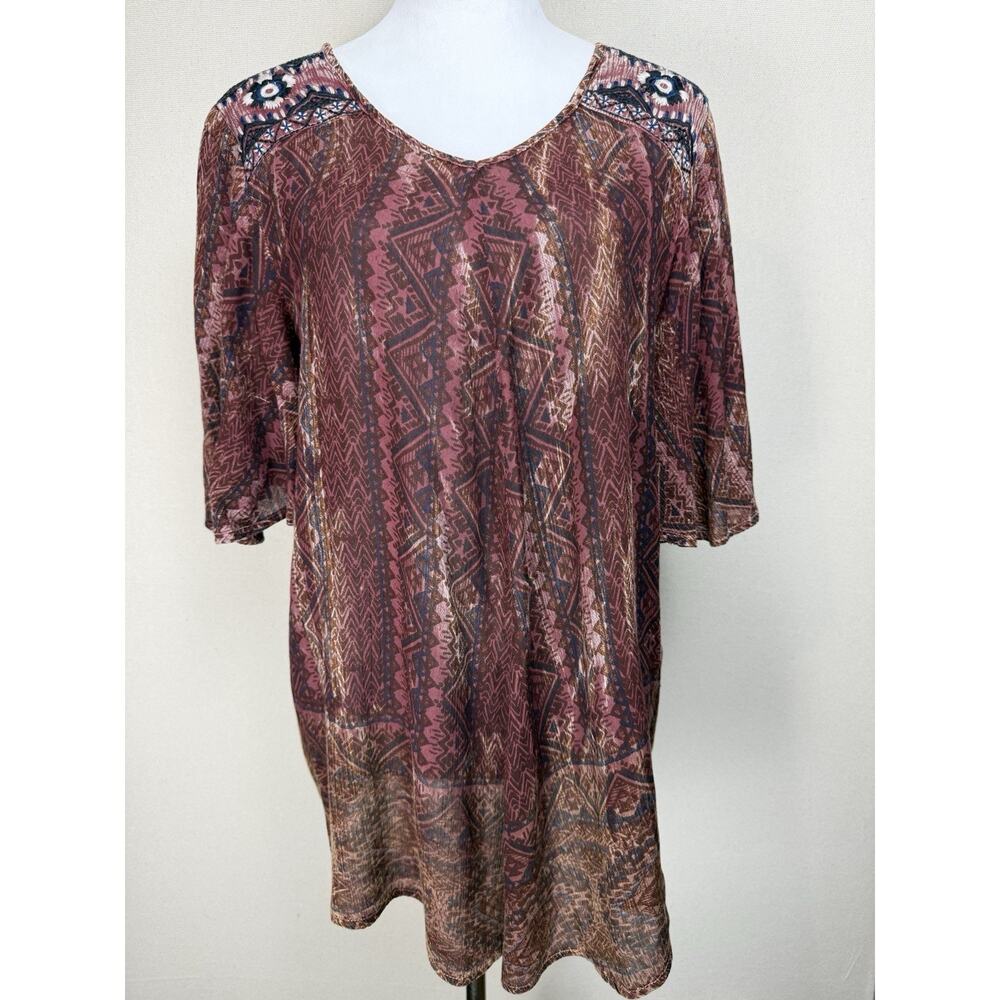 Greater Good Women's Tunic Plus Size 1X Short Slit‎ Sleeves Lightweight Brown